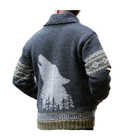 Lost Horizons Call of the Wild Cardigan Sweater Howling Wolf Fair Isle Pattern L - Picture 4 of 10